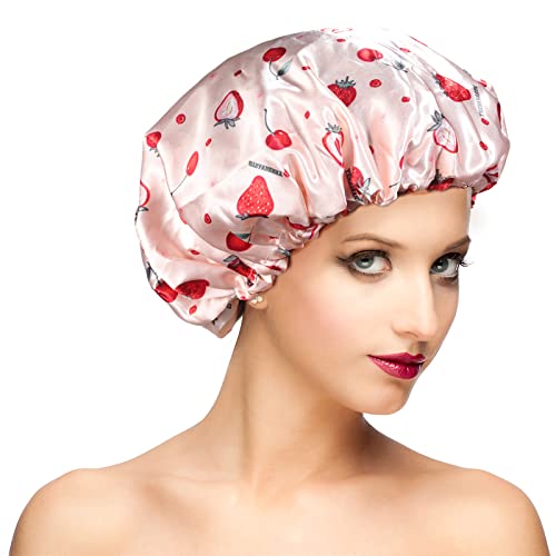 Shower Cap, Extra Large Shower Caps For Women Reusable Waterproof, Upgraded Double Waterproof Layers Hair Cap, Bath Caps Shower Hat Women Girls Adult Hair Protection Suitable For All Lengths And Thickness(Pink Strawberry Xl) #TOP8