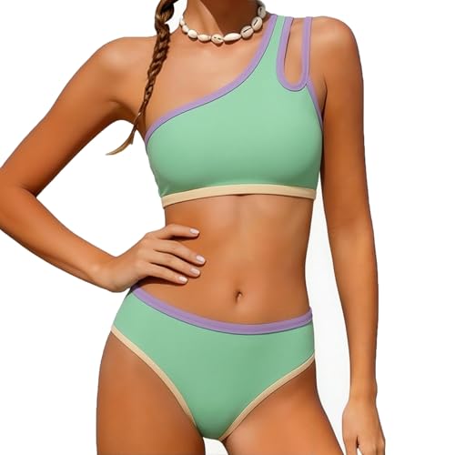Bikini Dos Piezas Mujer Asimétrico con Bloque de Color, Top Crop y Braguita Alta, Protección UV 50+, Tejido Anti-Cloro