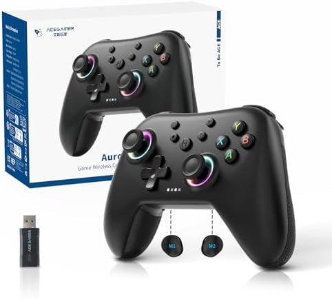 （22:30時点） AceGamer Aurora pc コントローラー 2.4Gレシバー付きワイヤレスコントローラー Turbo連射 振動調整機能搭載 低電力警告 LEDライト 1000mAh大容量バッテリー
