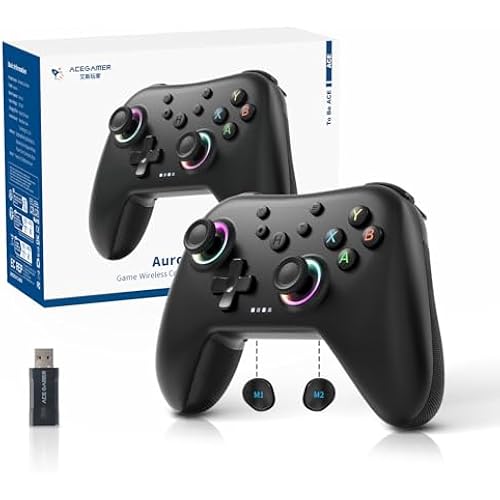 AceGamer Aurora II 2.4G Wireless Bluetooth Controller for PC/Android/Switch/iOS/Switch 2/Steam Deck with Rotary Motors, RGB Hall Effect Joysticks - Upgraded PC Gaming Controller and Back Buttons Lock