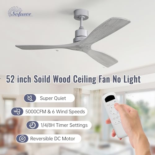 Image of Sofucor 52 Inch Modern Solid Wood Ceiling Fan No Light for Indoor Outdoor