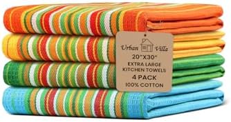 Urban Villa Salsa Stripe Kitchen Towels 100% Cotton Dish Towels for Kitchen Multi Color Highly Absorbent Multi-Purpose Waffle Dish Cloths for Cleaning Soft Hand Bar Towels 20x30 Inches (Set of 4)