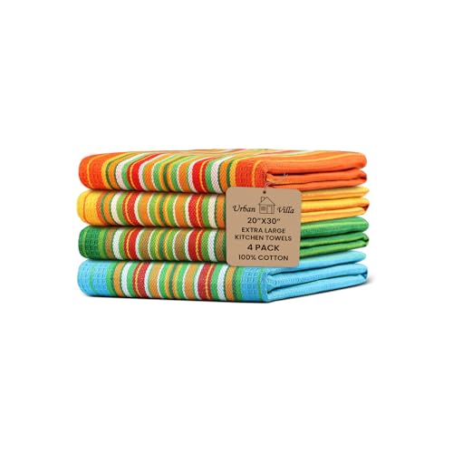 Urban Villa Kitchen Towels 100% Cotton Dish Towels for Kitchen(Set of 4)20”x30” Dish Cloths Highly Absorbent Kitchen Linen Set with Hanging Loop Perfect for Drying Dishes Cleaning Towels -Multi Color
