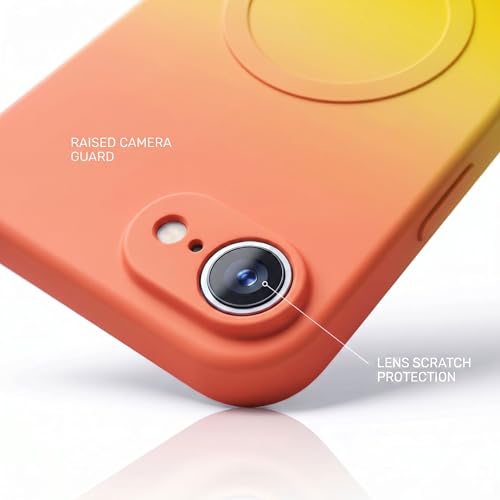 Image of amazon basics Gradient Mag-Safe Case for iPhone 16E | Soft Silicone Shockproof Cover with Camera Protection | Slim Lightweight Design | Smooth Touch & Durable - Orange & Yellow