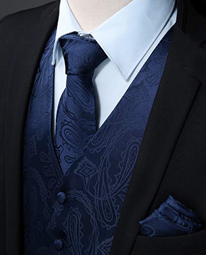 Hisdern Men's Vests Navy Blue Paisley Floral Dress Suit Vest Tie Set Jacquard Necktie Pocket Square Formal Waistcoat For Wedding Prom Tuxedo 3Pcs #TOP2
