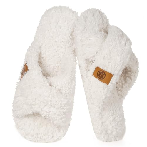 Zapatillas Casa Mujer Cómoda Espuma de Memoria Cómodas Cálido Pantuflas Banda Cruzada Antideslizante Slippers,Blanco,38/39 EU