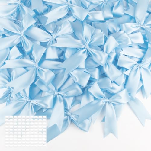 Blue Gift Wrap Bows 100pcs 3.5 Inch Pre-Tied Satin Bows with Strong Adhesive for Baby Boy Shower Birthday Party Graduation & Gift Bags