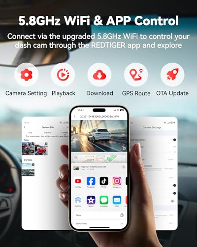 Image of REDTIGER F9 Dash Cam 4K Front and Rear 1080P, Built-in 5.8GHz WiFi and GPS, Dual Dash Camera for Cars with 32GB Card, Loop Recording, Parking Mode, Smart App Control