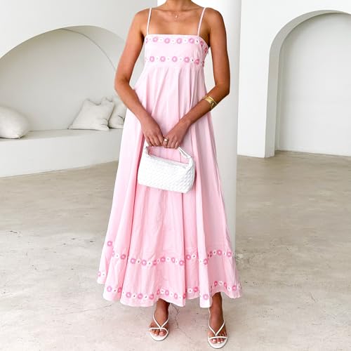 Women's Spaghetti Strap Dress 3D Flower Stylish Sleeveless Loose Fit Long Dresses Summer Beach Party Maxi Dress2