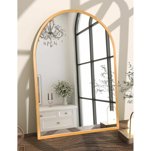 Image of Arched Wall-Mounted Mirror Gold Arch Mirror Aluminum Alloy Frame Bathroom Mirror for Vanity Living Room, Bedroom, and Entryway 28 inchx20 inch