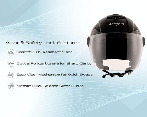 Image of Vega Aster Dx ISI Certified Full Face Motorcycle Helmet with Durable ABS Outer Shell High Density EPS Liner Scratch Resistant Visor Quick Release Buckle Comfortable Inner Padding Black Helmet-L