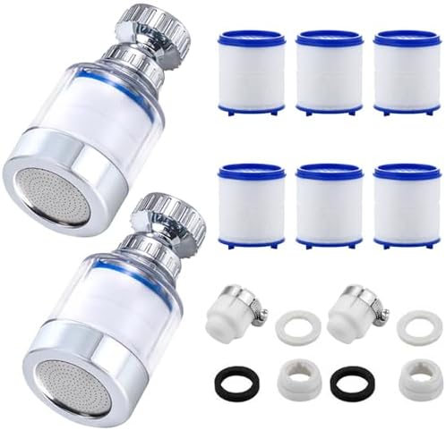 SenaiMy 2 Piezas Filtro de Agua del Grifo, Filtro Grifo Cocina Fregadero Antical, Grifo de Filtro de Agua de 360° con 5 Elementos de Filtro de Algodón PP, Filtro Agua Grifo para Cocina Baño Fregadero