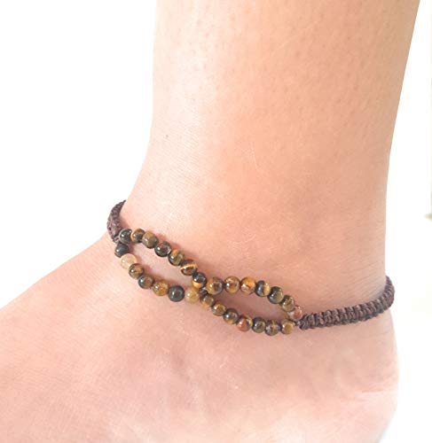 Infinityee888 Tiger Eye Anklet Bracelet Bead Woven Brown Wax 8 Infinity Endless Love Symbol Adjustable Ankle Bracelets For Men, Women, Teen Girl Handmade Vintage Hippie Bohemian Gypsy Boho Unisex N8-A02 #TOP3