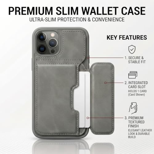 Image of amazon basics Luxury Vegan Leather Back Cover for iPhone 11 Pro Max | Built-in Card Holder Slot | Integrated Mobile Stand | Slim Shockproof Protective Case with Stitched Finish - Gray