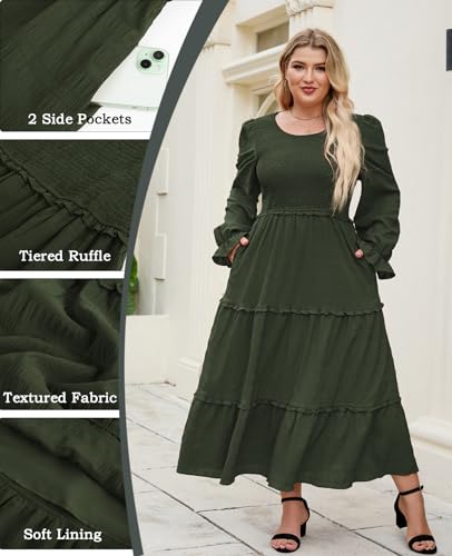 Hanna Nikole Womens Plus Size Fall Long Sleeve Maxi Dress Crewneck Smocked Tiered Ruffle Flowy Long Dresses with Pockets4