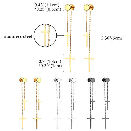 Cupimatch 3 Pairs Stud Earrings with Cross Dangle for Men Women Stainless Steel Double Cross Tassel Ear Pierced Earrings Set2