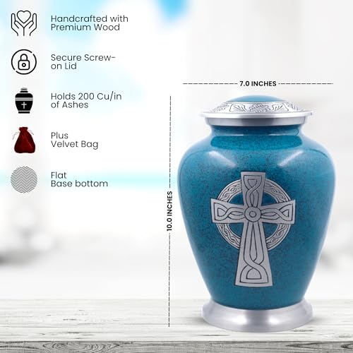 Image of Celtic Cross Engraved Cremation Urn for Human Ashes - Large Aluminum Funeral Urn for Adults (200 Cu in) - Handmade Memorial Urn with Velvet Bag - Durable Granite Finish Tribute Keepsake Urn