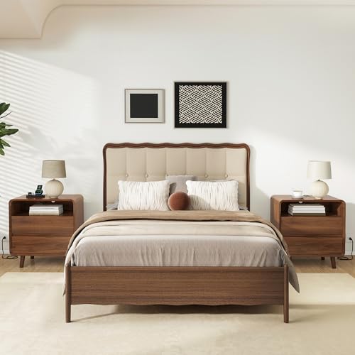 Image of Nasonet Night Stand with Charger Station, Mid Century Modern Nightstand with 2 Drawers, Wood Bedside Table for Bedroom, Curved Beveled Design, Walnut