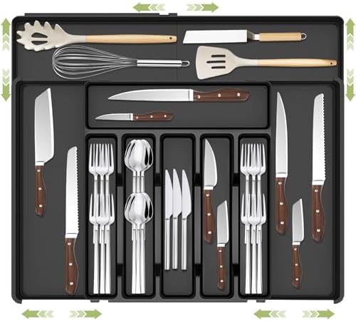 Charmofun Besteckkasten für Schubladen, Besteckeinsatz für Schubladen, Cutlery Organizer, Verstellbarer Besteck Organizer Schublade, Breite von 30 auf 53 cm, Küchenorganizer für Lö