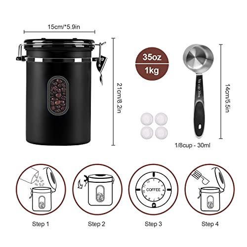 ROCKY&CHAO 2800ML Coffee Canister with Date Tracker&Transparent Window, 35OZ Coffee Container with 30ML Measure Spoon&4 co2 Valve, Coffee Bean Storage Container for Grounds Coffee, Beans, Tea(Black) by ROCKY&CHAO - Used condition - Image 5