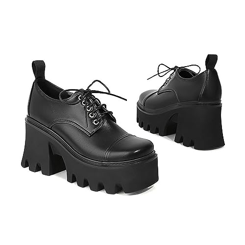 Women's Patent Leather Lug Sole Chunky Heel Oxfords,Fashion Lace Up Height Increase Platform Gothic Oxfords Pumps Business Work Dress Shoes4