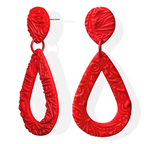 Handmade Colorful Teardrop Earrings for Women Lightweight Dangle Statement Jewelry with Embossed Boho Design