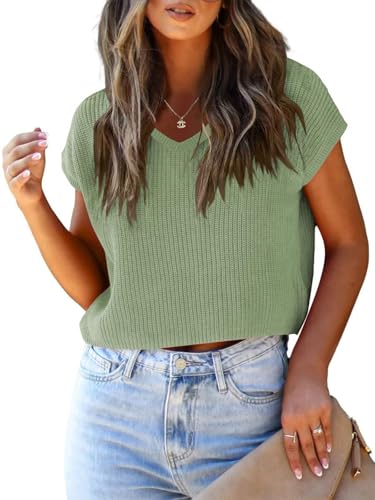 Image of LCXWFE Womens Summer Cropped Sweater Vest Trendy Cap Sleeve Crop Tops Crew Neck Loose Knit Tank Top