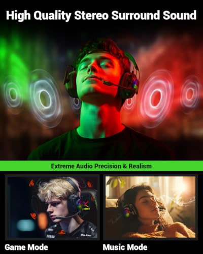 Image of Wireless Gaming Headset with Noise Canceling Microphone for PC, PS5, PS4, Switch, Mac, 2.4 GHz Wireless & Bluetooth 5.4 Gaming Headphones, Cool RGB Lighting, 50Hr Battery, 50mm Drivers(Deep Green)