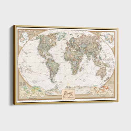 Image of Executive World Push Pin Map - National Geographic Antique Style Canvas Travel Tracker - Extra Large Framed Wall Decor - Gold Float Frame - 34 inch x 51 inch