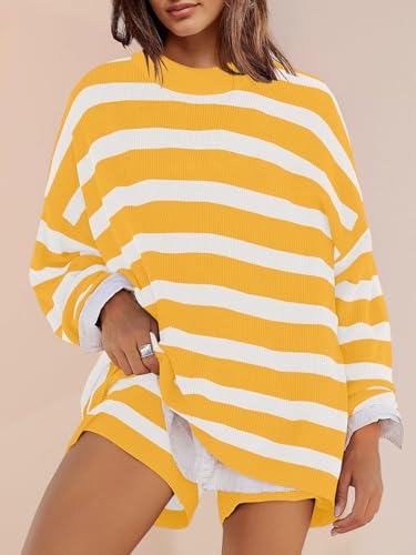 Image of Panadila Womens Striped Sweater Set Oversized Lounge Sets Matching Pajamas Long Sleeve Sweater Top and Shorts