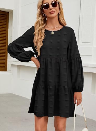 Image of QACOHU Falll Dresses for Women 2026 Crew Neck Long Lantern Sleeve Casual Loose Flowy Swing Shift Dress