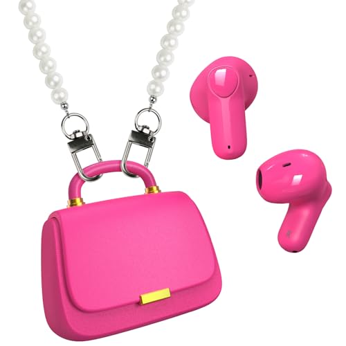 Image of ANCwear Cute Pink Wireless Earbuds for Girls, Rose Pearl Ear Buds with Mini Handbag Charging Case, DIY Stickers, Bluetooth 5.3, 22H Battery Life, Fashion Gift for Women Teens