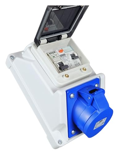 RoadEu - 16Amp Socket 3P 230V - Wall Outlet 230V with 16 amp Circuit Breaker and RCD, Monophase Power Distribution Box - Waterproof IP54
