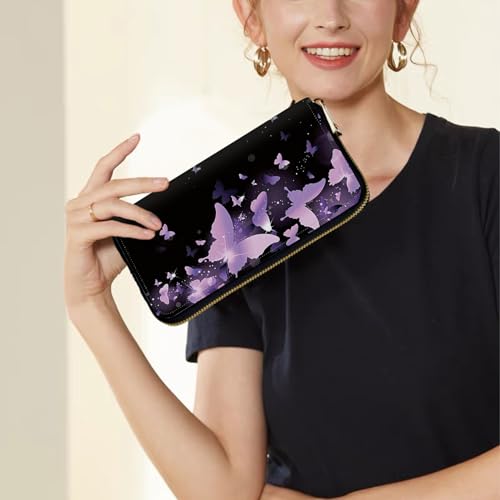 Image of Women's Wallets,Credit Card Holder Money Leather Long Wallet with Wristlet,Large Capacity with Zip-Around Phone Purse for Women Ladies Girls,Purple Butterfly