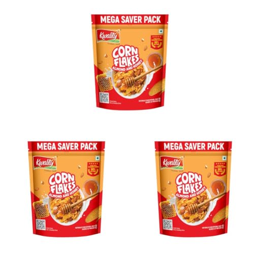 Image of Kwality Corn Flakes with Almond & Honey 1kg | Made with Golden Corns | 99% Fat-Free | High in Protein, Zero Cholesterol | Healthy Breakfast Cereal (Pack of 3)