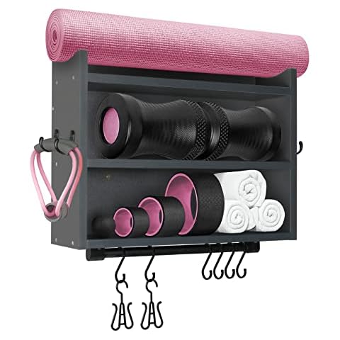 Wall Shelf Organizer for Peloton - TAYUQEE Wall Mount Home Gym Organizer with Hooks, Wooden Rack Shelf Storage for Yoga Mat, Towel, Bike Shoes, Bottles - Accessories for Peloton, NordicTrack, Echelon Cover