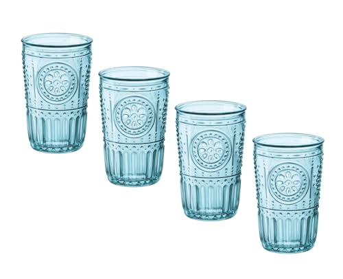 Bormioli Rocco Romantic Set Of 4 Tumbler Glasses, 11.5 Oz. Colored Crystal Glass, Light Blue, Made In Italy.