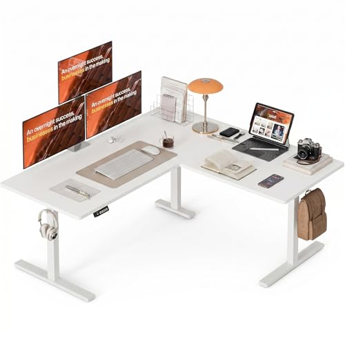 Image of Grandder L Shaped Standing Desk Adjustable Height, Electric Standing Corner Desk, 160 x 140 cm Sit Stand Computer Table with Splice Board, White