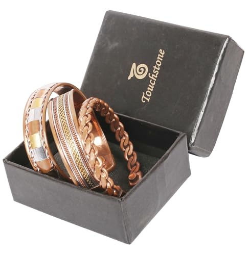 Image of Touchstone copper bracelets | gift for men women |adjustable 100% pure solid real magnetic jewelry | handmade bracelet set combo | rope braided tibetan bangles.