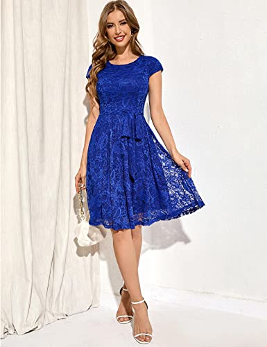 Muadress Women Cap-Sleeve Lace Floral Elegant Cocktail Dress Crew Neck Knee Length Bridesmaid Dresses For Party Royalblue 4Xl #TOP3