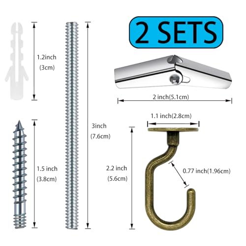Image of 2 Sets Antique Brass Swag Ceiling Hooks - with Hardware for Hanging Plants, Drywall and Ceiling Installation, Heavy Duty Design
