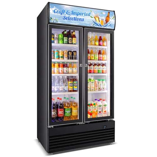 Image of Commercial Display Beverage Fridge, 40″ Double Glass Door Refrigerator, 28.1 Cu.Ft Large Capacity with 8 Adjustable Shelves, Upright Cooler for Shop, Bar & Restaurant
