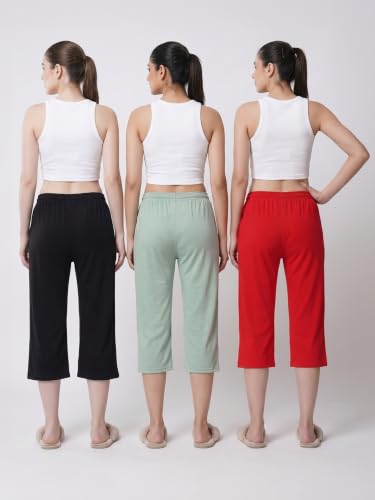 Image of Fflirtygo Women's Cotton Plain Calf Length Capri | Nightwear Pajama | 3 /4th Solid Pyjama Pant | Black Navy and Lavender Lounge Pants | Casual wear & Lounge Wear Capri Combo (Pack of 3)