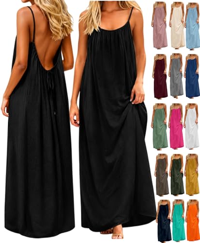 UPOI Rückenfreies Kleid- Sommerkleid Damen Lang Leinen Strandkleider Hauskleid mit Kordelzug | Bequemes Maxikleid mit Spaghettiträger für Lounge Urlaub & Freizeit