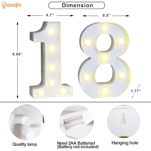 Image of Pooqla 18th Birthday Decorations for Girls Boys, Decorative Marquee Numbers with Remote, Light Up 18 Sign for Party Backdrop 18th Wedding Anniversary Decor, Warm White and Cool White Number 18