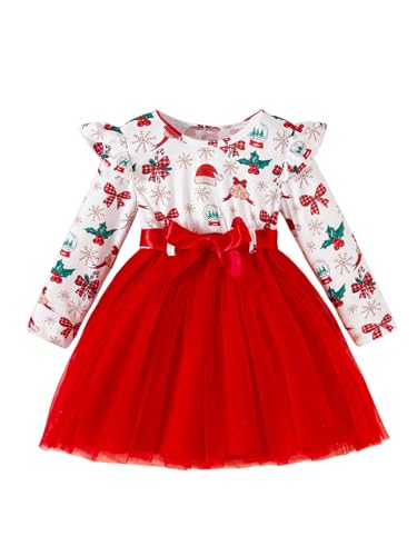 Toddler Girls Dresses Long Sleeve A-Line Swing Christmas Dress with Belt,for Xmas,New Year Party,Family Gathering