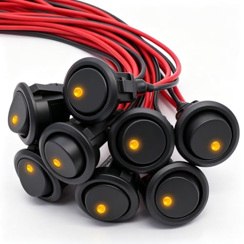 Twidec/8Pcs SPST Round Dot Lighted Rocker Switch Toggle Control for Car Or Boat 20A 12V DC On/Off Yellow LED Light with Pre-soldered Wires KCD2-102N-Y-X