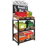 MyGift Fruit Stand and Produce Stand with Burnt Wood Trays, Bakery Display Rack, Bread Display Shelf, 3-Tier Vintage Metal Design with Chalkboard Signs