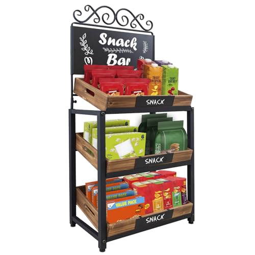 MyGift Fruit Stand and Produce Stand with Burnt Wood Trays, Bakery Display Rack, Bread Display Shelf, 3-Tier Vintage Metal Design with Chalkboard Signs