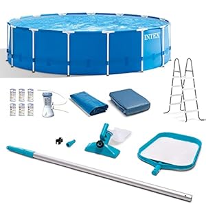 Intex Metal Frame 15 x 48 Round Above Ground Swimming Pool Set with Filter Pump Ladder and Cover with Maintenance Accessory Vacuum and Skimmer Kit